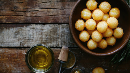 Discover a delightful aerial view of crispy arancini showcased in a rustic bowl on a wooden table, perfect for any food lover or culinary project.の素材