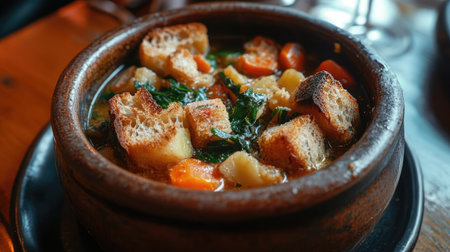 Experience the cozy allure of Tuscan ribollita soup, a hearty blend of fresh vegetables and rustic bread served in a traditional bowl. Perfect for any occasion.の素材