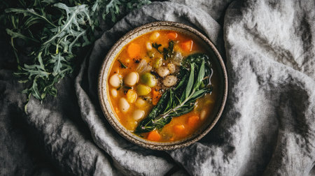 Captivating overhead shot of ribollita soup served in a rustic bowl, showcasing vibrant vegetables and fresh greens for a comforting meal experience.の素材
