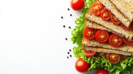 A top view of a wholesome rye sandwich layered with fresh tomatoes and crisp lettuce, perfect for a healthy meal or snack. Ideal for vegetarian recipes.の素材