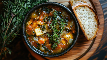 An overhead shot of a hearty ribollita soup in a rustic bowl, accompanied by crusty bread. This vibrant dish highlights fresh vegetables and herbs, perfect for a comforting meal.の素材