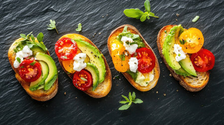 This close-up image showcases rustic bruschetta topped with fresh vegetables like avocado and tomato, creating a vibrant and healthy appetizer, perfect for any occasion.の素材