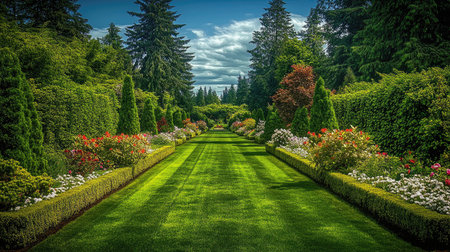 A stunning green garden features vibrant flower beds, creating a tranquil atmosphere for relaxation and enjoyment of nature's beauty. Ideal for outdoor inspiration.の素材