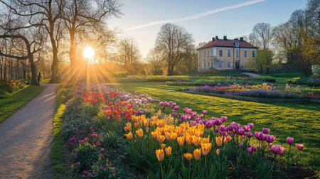 A stunning view of Krapperups Slott during a beautiful spring morning, showcasing vibrant tulips and lush gardens under the warm sunlight. Perfect for seasonal imagery.の素材