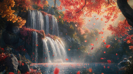 Experience the breathtaking beauty of Huai Mae Khamin with stunning waterfalls surrounded by vibrant autumn leaves and tranquil waters in this enchanting landscape.の素材