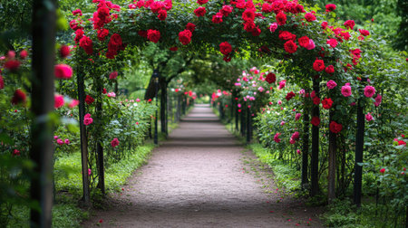Experience the beauty of blooming roses in a serene garden path. This vibrant scene showcases an enchanting pathway adorned with colorful flowers, inviting tranquility and peace.の素材