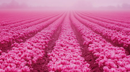 A breathtaking view of a pink tulip field, showcasing vibrant blooms stretching across the horizon. This serene landscape captures the beauty of spring in full bloom. Perfect for nature lovers and floral enthusiasts.の素材