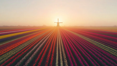 Experience a breathtaking view of a vast Dutch tulip field at sunrise, featuring vibrant hues and a windmill silhouette, embodying natural beauty.の素材