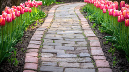 A charming pathway meanders through vibrant tulips in Keukenhof, Netherlands, creating a scenic view perfect for springtime visitors seeking tranquility and beauty.の素材