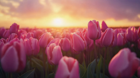 Experience the breathtaking beauty of tulips blooming in Keukenhof Garden, captured during a stunning sunset in March. A perfect spring scene.の素材
