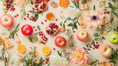 A beautiful flat lay featuring traditional Rosh Hashanah symbols including apples, pomegranate, and honey, adorned with colorful flowers and greenery. Perfect for holiday celebrations.の素材