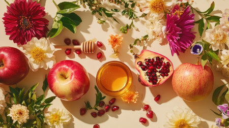 Celebrate Rosh Hashanah with this vibrant flat lay featuring apples, honey, and pomegranates, beautifully arranged with seasonal flowers for a festive touch.の素材