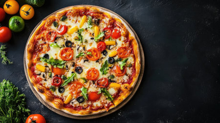 A vibrant top view of a delicious vegetable pizza topped with fresh ingredients. Ideal for food lovers and culinary enthusiasts, this image captures the essence of a colorful meal.の素材