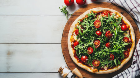 Enjoy a delightful overhead view of a freshly baked pizza topped with vibrant tomatoes and arugula, perfect for a delicious meal or snack.の素材