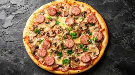 A top view of a juicy pepperoni pizza, featuring savory toppings and melted cheese, perfect for any meal or gathering. A delicious treat for pizza lovers.の素材