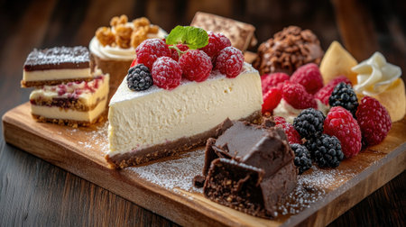 Enjoy a decadent slice of creamy cheesecake adorned with fresh raspberries and a variety of delightful sweets, creating a visually stunning dessert platter ideal for celebrations.の素材