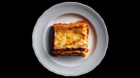 A mouthwatering overhead view of a golden brown lasagna slice on a white plate. Perfect for showcasing Italian cuisine and comfort food in vibrant detail.の素材