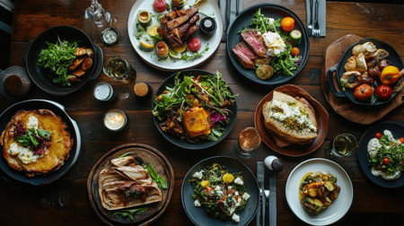 This image captures a cozy dining table filled with a variety of delicious dishes. The aesthetic presentation invites warmth and togetherness, perfect for sharing moments.の素材