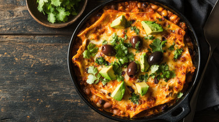A vibrant and wholesome chicken lasagna freshly prepared, featuring rich flavors and topped with avocado and olives. Perfect for a nutritious meal.の素材