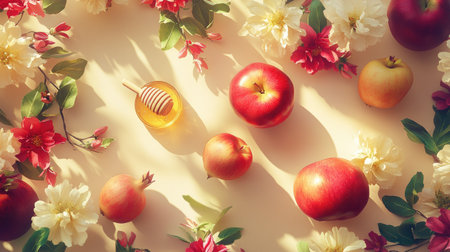 A stunning top view composition featuring apples, honey, and vibrant flowers, perfect for capturing the spirit and beauty of Rosh Hashanah celebrations.の素材