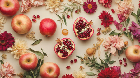 A stunning arrangement featuring apples and pomegranates surrounded by vibrant flowers, perfect for Rosh Hashanah celebrations or autumn decor.の素材