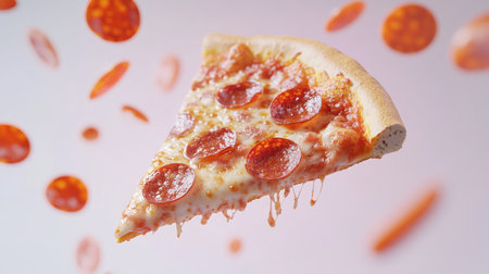 A whimsical view of a delicious pepperoni pizza slice suspended in mid-air, showcasing its cheesy goodness and vibrant toppings against a colorful background.の素材
