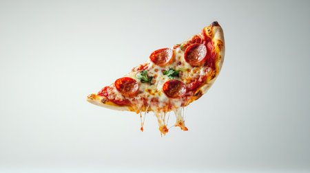 A vibrant and appetizing slice of Italian pepperoni pizza, showcasing melting cheese and fresh toppings against a clean background, perfect for food enthusiasts.の素材