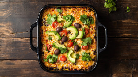 A top down view of a gluten free chicken and bean dish featuring fresh ingredients like tomatoes, avocado, and olives, perfect for a healthy meal.の素材