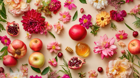 A vibrant and heartwarming arrangement of flowers, apples, pomegranates, and honey, symbolizing the joy and beauty of Rosh Hashanah celebrations. Perfect for seasonal themes.の素材