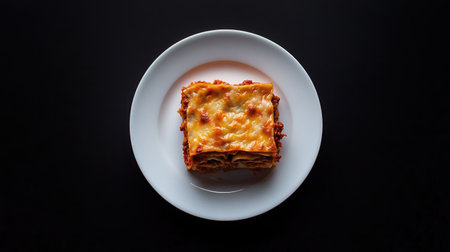 A delicious slice of hearty lasagna presented on a white plate, viewed from above. Perfect for showcasing comfort food and Italian cuisine.の素材