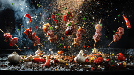 An eye-catching image showcasing skewers of meat and garlic cloves, complemented by vibrant red peppers and spices, creating a dynamic culinary scene.の素材