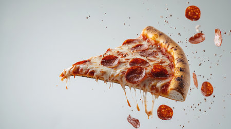 A mouthwatering slice of pepperoni pizza suspended in mid-air with melted cheese dripping down. Perfect for food enthusiasts, showcasing delicious flavors and textures.の素材