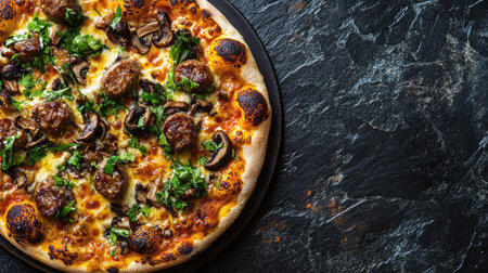 A close-up view of a classic pizza topped with meatballs, mushrooms, and fresh herbs, showcasing vibrant colors and delicious ingredients that create an appetizing dish.の素材