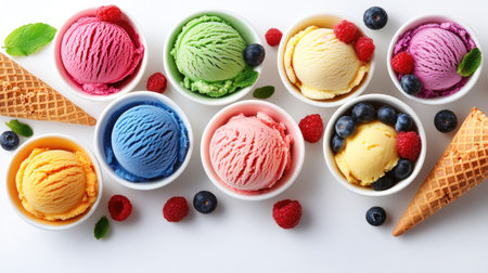 An enticing assortment of vibrant ice cream scoops in bowls, featuring a variety of flavors and colorful toppings, perfect for a summer treat or dessert display.の素材
