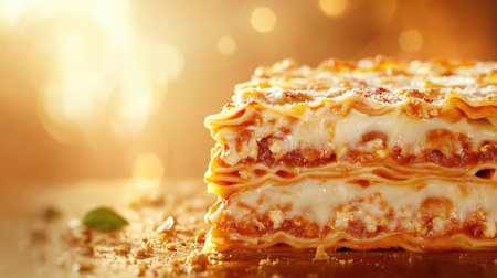 A mouthwatering slice of layered lasagna featuring creamy cheese and rich tomato sauce. Perfect for showcasing comfort food in a gourmet style.の素材