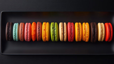 A beautiful arrangement of colorful macarons on a sleek black plate, showcasing a variety of flavors and vibrant colors, perfect for dessert lovers.の素材