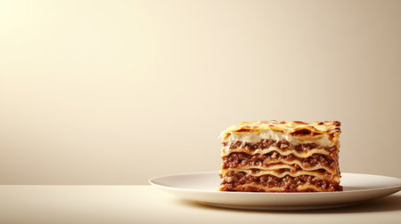A mouthwatering slice of baked lasagna served on a white plate, showcasing visible layers of pasta, meat, and cheese, perfect for a comforting meal.の素材