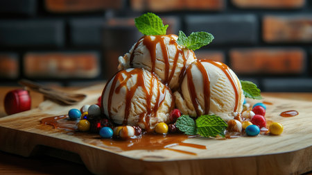 Enjoy a close-up view of creamy ice cream scoops drizzled with caramel, garnished with mint and colorful toppings, perfect for any dessert lover.の素材