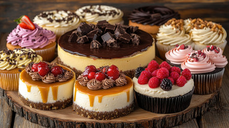 A beautiful display of assorted cheesecakes featuring a variety of delicious toppings. Perfect for any dessert lover, this vibrant arrangement is ideal for gatherings and celebrations.の素材