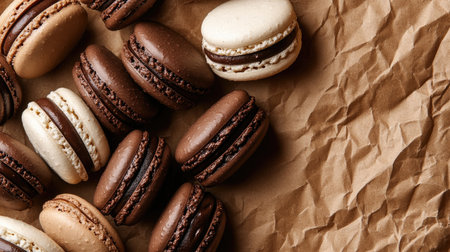 This close-up image features an exquisite arrangement of chocolate and white French macarons, showcasing their delicate textures and rich flavors, perfect for dessert lovers.の素材