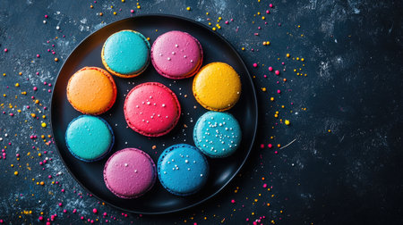 A beautifully arranged plate of colorful macarons. These delightful pastries are an eye-catching treat, perfect for any celebration or dessert table.の素材