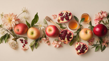 Celebrate the Jewish New Year with a stunning arrangement of fresh fruits, including apples and pomegranates, surrounded by delicate flowers and honey.の素材