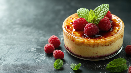 This enticing dessert features a creamy brulee topped with plump raspberries and fresh mint, artfully presented for an appealing culinary experience.の素材