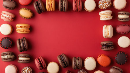 A vibrant arrangement of assorted macarons in various colors and flavors, elegantly placed in clusters against a contrasting red background, ideal for desserts.の素材