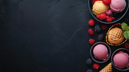 An overhead view showcases bright, colorful portions of ice cream alongside fresh berries on a dark surface, creating a vibrant and appealing dessert presentation.の素材