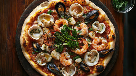 This captivating top view captures a delicious seafood pizza, featuring shrimp, clams, and mussels on a golden crust with vibrant herbs. Perfect for food lovers!の素材