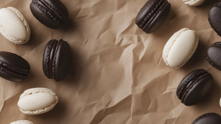 A top view of elegant dark and white French macarons arranged on crinkled kraft paper. Perfect for showcasing dessert aesthetics and gourmet treats.の素材