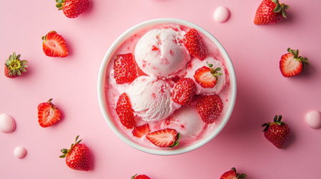 This vibrant top view features a cup of strawberry ice cream adorned with fresh berries, perfect for a refreshing dessert. Ideal for summer treats!の素材
