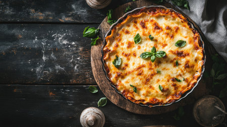A stunning top view of a freshly baked homemade lasagna garnished with basil. This delicious dish showcases rich layers of pasta, cheese, and sauce, perfect for any meal.の素材