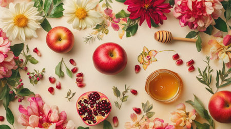 Celebrate Rosh Hashanah with this vibrant display of traditional symbols including apples, honey, and flowers, representing sweetness and new beginnings.の素材
